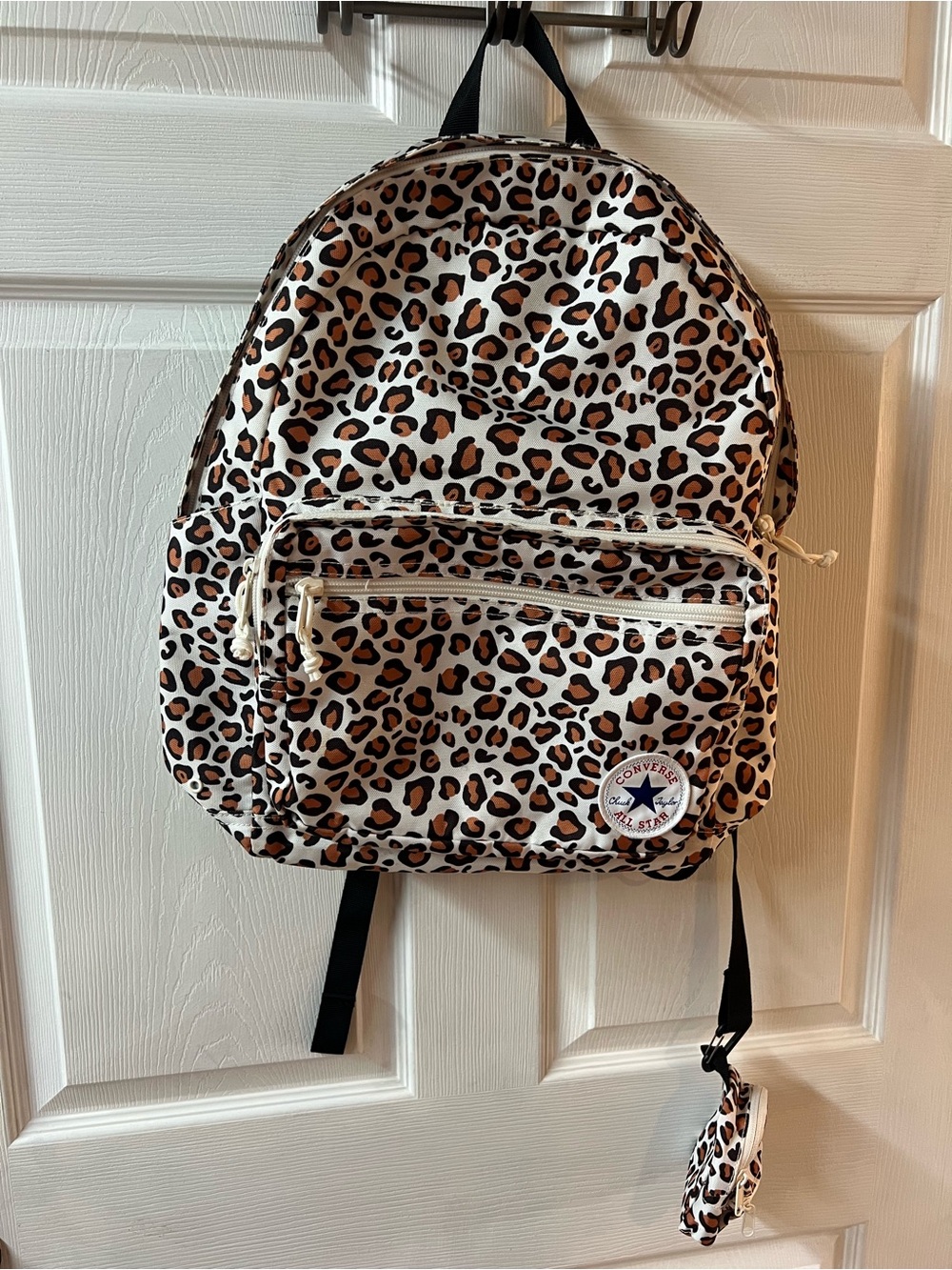 Converse White Leopard Print Backpack with Tan and Black Spots